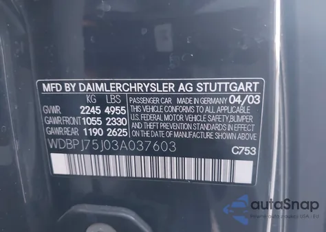 2003 Mercedes-Benz Cl 500 z USA, uszkodzony, nr VIN WDBPJ75J03A037603